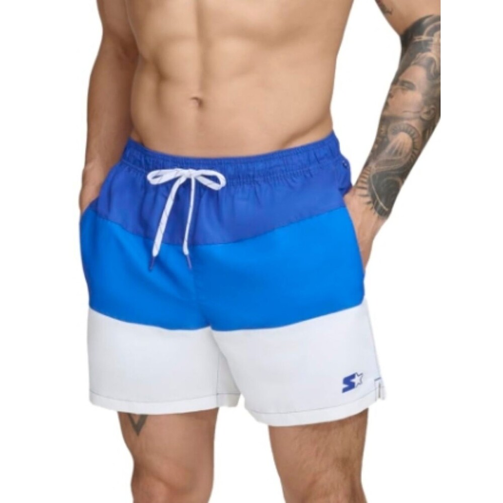 NWT Starter Blue & White Striped Block Swim Trunks Shorts - Size S